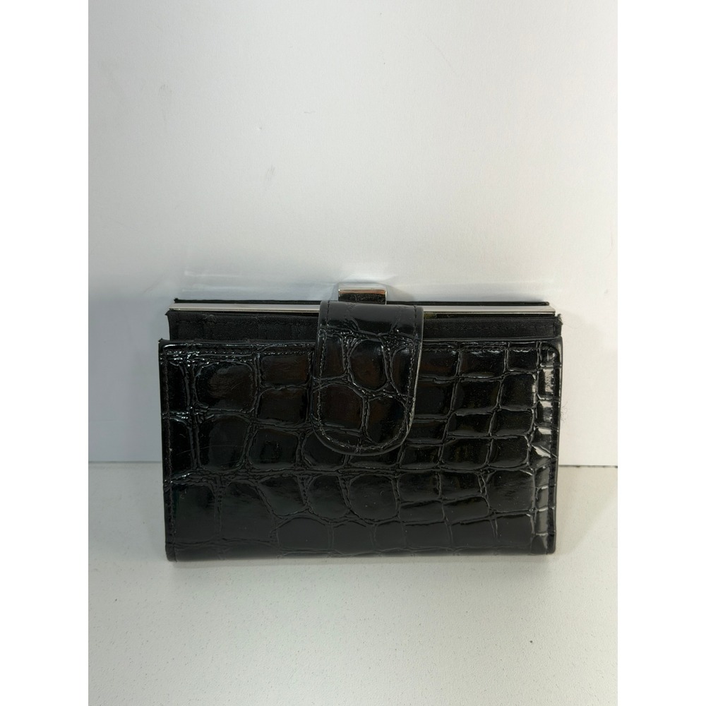 Crocodile Embossed faux leather black Bifold Wallet Kiss Lock Coin Pouch MINT!